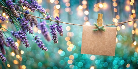 Wall Mural - Blank paper hanging on twine with clothespin, adorned with lavender flowers and glowing teal bokeh lights, perfect for spring invitations, rustic decor, or nature-inspired event designs
