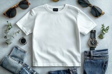 Canvas Print - Realistic white Tshirt Flat Lay Mockup created with Generative AI