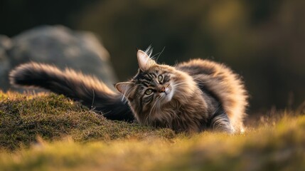 A fluffy cat lounging in a natural setting, basking in the warm sunlight.