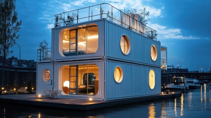 A two-story container home with white metal exteriors and round windows, nestled in a water town, glowing softly under night lights