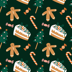 Christmas sweets and candy seamless pattern. Xmas sweet food. Cupcakes, gingerbread man, lollipop and candy cane. Decor textile, wrapping, wallpaper. Print for fabric Cartoon flat vector background