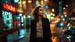 © florynstudio3 - A woman stands on a city street at night, looking up with a thoughtful expression. The lights of the city create a warm glow.