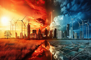 Futuristic cityscape contrasting renewable energy sources with a dramatic sunset and stormy sky