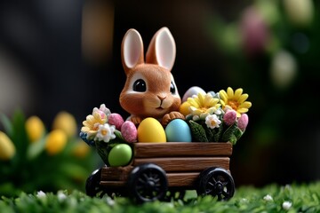 Easter bunny delivering eggs in a small cart filled with flowers and chocolates, bringing joy to every home