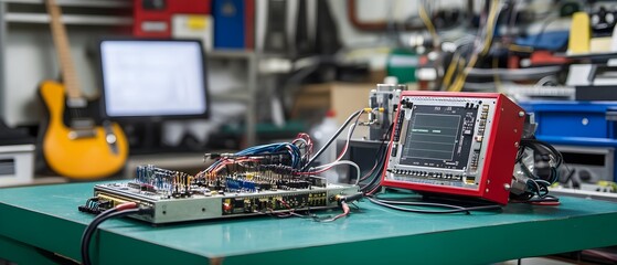 Wall Mural - Electrical circuit test set in high-tech lab, sharp focus on electronic components