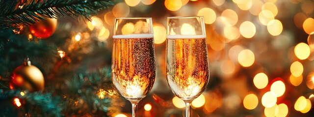 two glasses with champagne Christmas concept. Selective focus