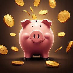 An illustration of a pink piggy bank with a sly and mischievous expression, surrounded by falling golden coins, creating a playful and whimsical scene, digital art, concept of saving money or financia