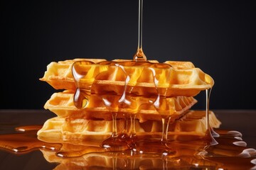 Perfect Subject for Breakfast Indulge in a stack Delicious Waffles with Dripping Syrup, presented on a dark background