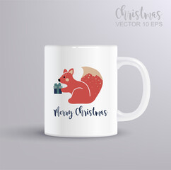 Wall Mural - The squirrel is holding a gift. Merry Christmas concept with mug mockup