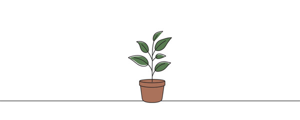 Continuous one line drawing of plant in pot. Beautiful plant in one line style. Vector illustration