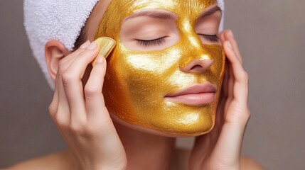 Close-up of hands applying a luxurious gold facial mask in a high-end spa