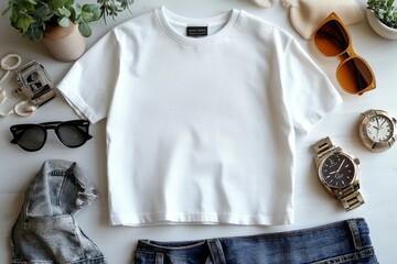 Wall Mural - Realistic white Tshirt Flat Lay Mockup created with Generative AI