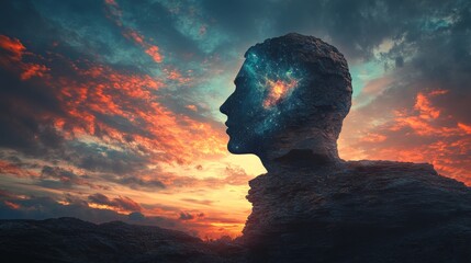 Wall Mural - A man's head is shown in the sky with a bright light in the center