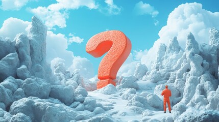 Wall Mural - A man in a red suit stands in front of a large question mark made of snow