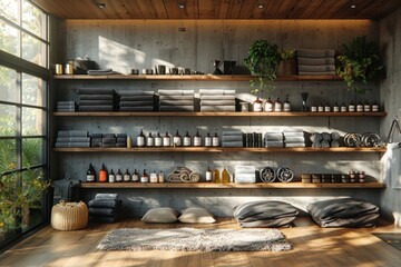 Stylish interior of a modern spa showcasing neatly arranged towels, skincare products, and serene decor in a sunlit setting