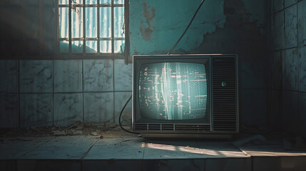 3d rendered old tv monitor on floor in old room with sun rays vintage footage sunny effect window ruins television retro technology retrospect composition realistic photography graphic multimedia