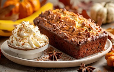 Wall Mural - Delicious Banana Bread with Whipped Cream