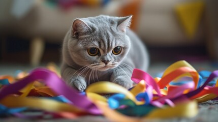 Sticker - A playful gray cat interacts with colorful ribbons on a festive background.