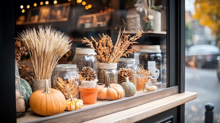 Charming fall window display featuring pumpkins, dried flowers, and rustic decor elements for seasonal inspiration.