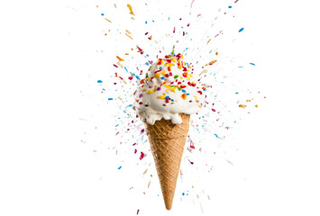 ice cream cone topped with creamy frosting and colorful sprinkles, isolated on a transparent background