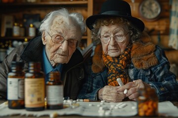 Wall Mural - Elderly couple sorting medication together in a rustic cabin setting during the afternoon