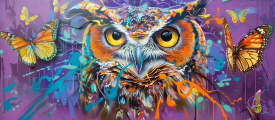  Painting of an owl with butterflies in the background. The owl is surrounded by splatters of paint, giving it a wild and chaotic appearance. The butterflies are scattered throughout the painting