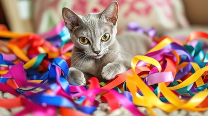 A playful gray cat surrounded by colorful ribbons on a cozy surface.