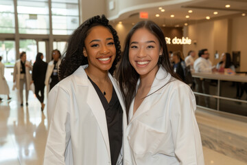 Two women in white coats smiling for the camera