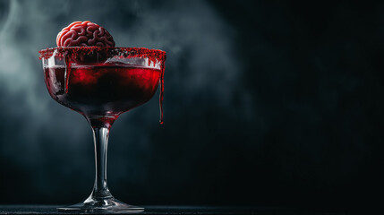 Red Halloween cocktail with brain-shaped garnish and dripping blood effect in a glass on dark background.