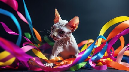 Wall Mural - A playful Sphynx cat surrounded by colorful ribbons, capturing a festive and lively atmosphere.