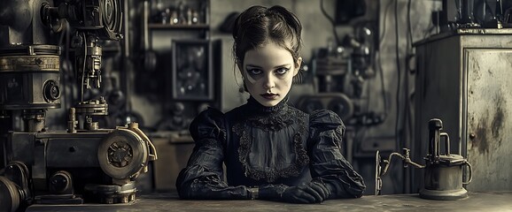 A young woman in a black dress sits in a workshop with vintage machinery, a serious expression on her face.