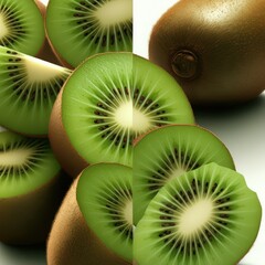 Wall Mural - Highly detailed photorealistic rendering, kiwi fruits sliced open and whole, various angles and perspectives, seeds and fuzzy brown skin textures visible, green flesh contrasting against a white backg