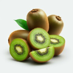 Wall Mural - Highly detailed photorealistic rendering, kiwi fruits sliced open and whole, various angles and perspectives, seeds and fuzzy brown skin textures visible, green flesh contrasting against a white backg