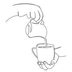 Wall Mural - One continuous single drawing line art doodle coffee, drink, hand, cup, beverage. Isolated image hand draw contour on a white background
