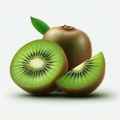 Wall Mural - Highly detailed photorealistic rendering, kiwi fruits sliced open and whole, various angles and perspectives, seeds and fuzzy brown skin textures visible, green flesh contrasting against a white backg