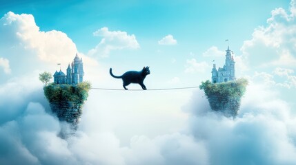 A mischievous cat walking on a tightrope between two fantastical buildings.