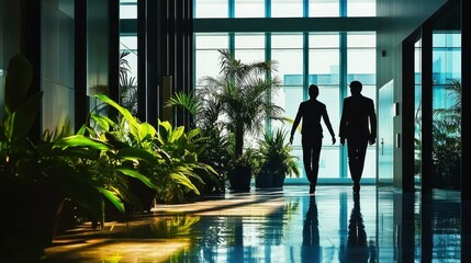 A modern office lobby, silhouettes of two people walking, large windows with outdoor greenery blending into indoor potted plants, dramatic lighting and shadows, architectural details with geometric sh