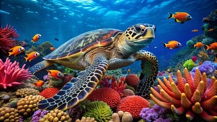 A Hawksbill Turtle framed by colorful coral and sea anemones, with vibrant tropical fish in the background