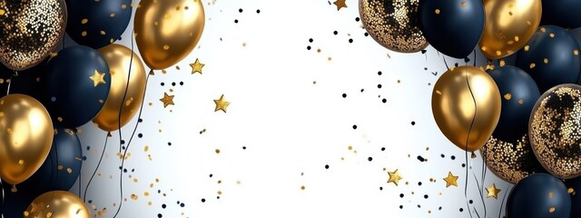 Elegant balloons, gold and navy blue colors, confetti, festive celebration, party decorations, helium balloons with metallic sheen, golden stars, whimsical atmosphere