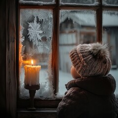 A little boy in winter looks out the window of an old wooden house, with snow on her head and a fur hat, gazing at the outside through frosted glass. And lit candle