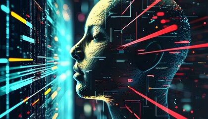 Abstract profile of a three-dimensional human face illustrating big data, artificial intelligence, and cyber security within a digital matrix environment