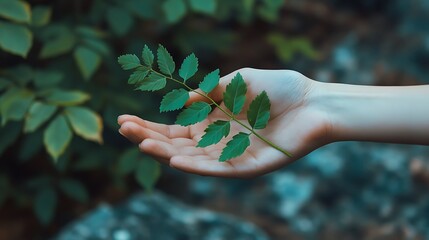 Wall Mural - A hand holding a small branch with green leaves against a blurred green background.