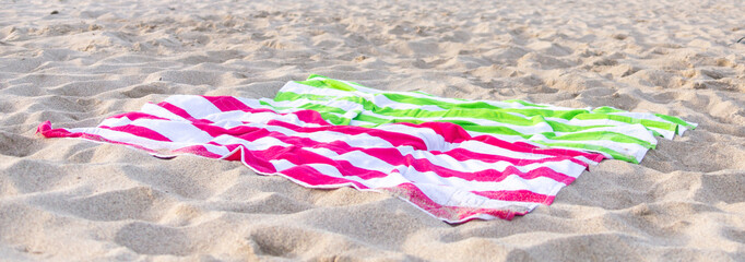 Two towelsfor sunbath on beautiful beach surface background ,travel landscape clean white sand