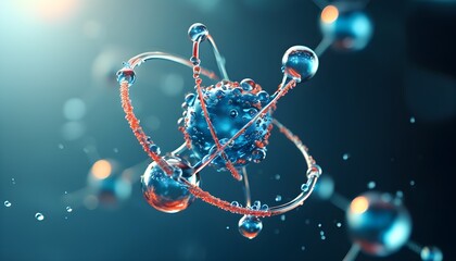 Abstract blue molecular model showcasing atoms and DNA structures in a chemical background, highlighting the essence of biology and medical science through dynamic liquid forms.