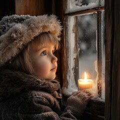 A little boy in winter looks out the window of an old wooden house, with snow on her head and a fur hat, gazing at the outside through frosted glass. And lit candle