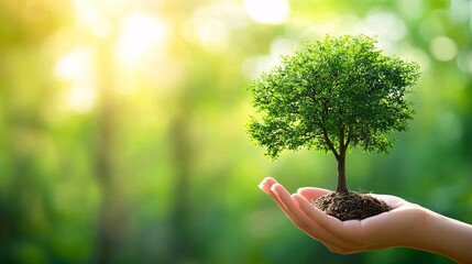 Hand Holding Tree on Blurred Green Background for Eco Earth Day Concept