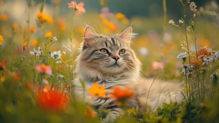 Wall Mural - A serene cat resting among colorful wildflowers in a picturesque meadow.