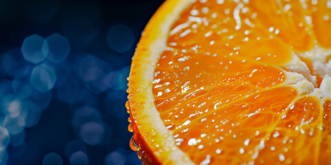 Succulent, juicy and ripe orange section with water droplets and shallow depth of field, with a dark token effect background with room for copy space.