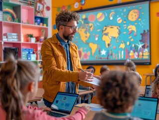 Poster - Male Teacher Explaining Lesson Using Interactive Whiteboard to Ethnically Diverse Elementary Students with Laptops in Bright, Modern Classroom – Daytime, Collaborative Learning Atmosphere