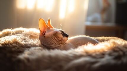 Wall Mural - A serene cat resting peacefully in warm sunlight on a fluffy surface.